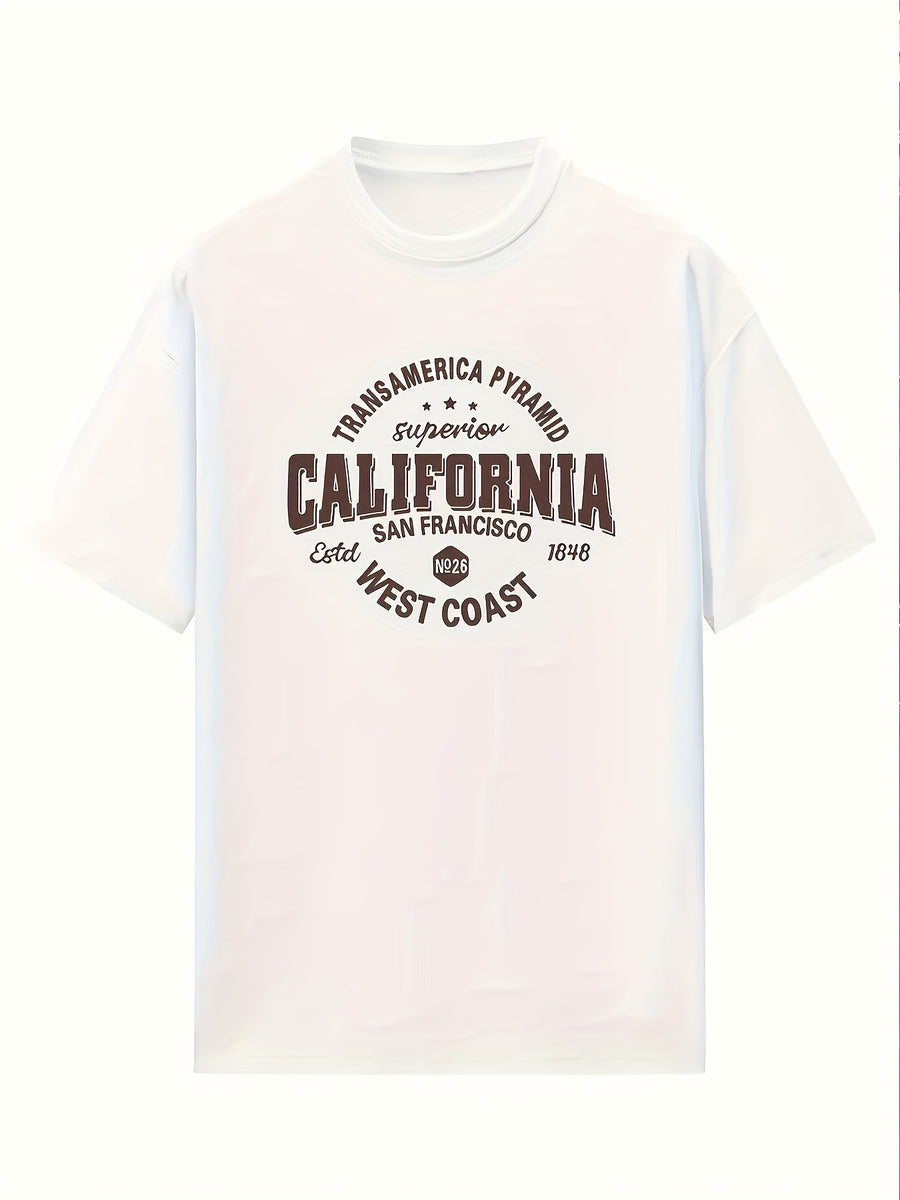 A Short-sleeved Women's T-shirt with Letter Print Pattern, Casual, Loose-fitting, Sweet Style. Made of 95% Polyester and 5% Spandex - White