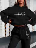Autumn And Winter ECG Heart Pattern Printed Women'S European And American Fashion Fleece Hooded Sweatshirt Set for ' Casual Wear - Black