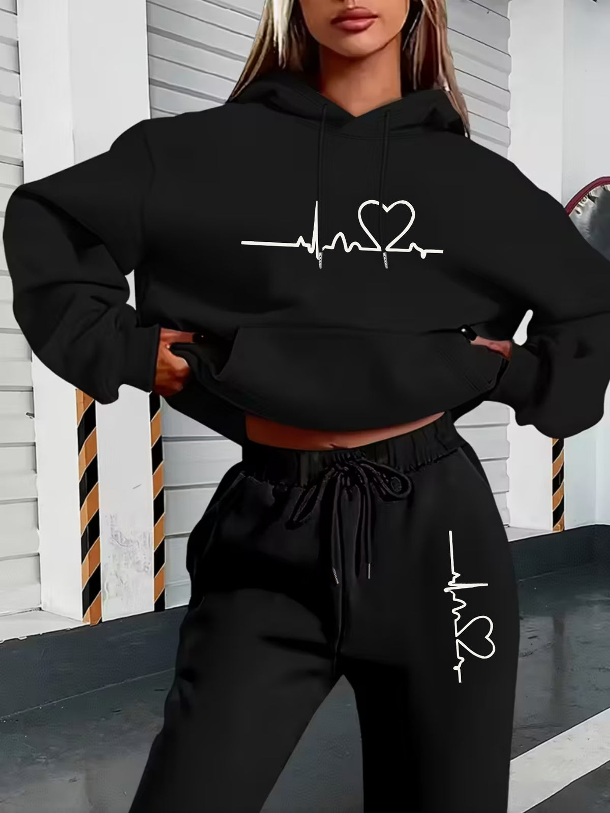 Autumn And Winter ECG Heart Pattern Printed Women'S European And American Fashion Fleece Hooded Sweatshirt Set for ' Casual Wear - Black