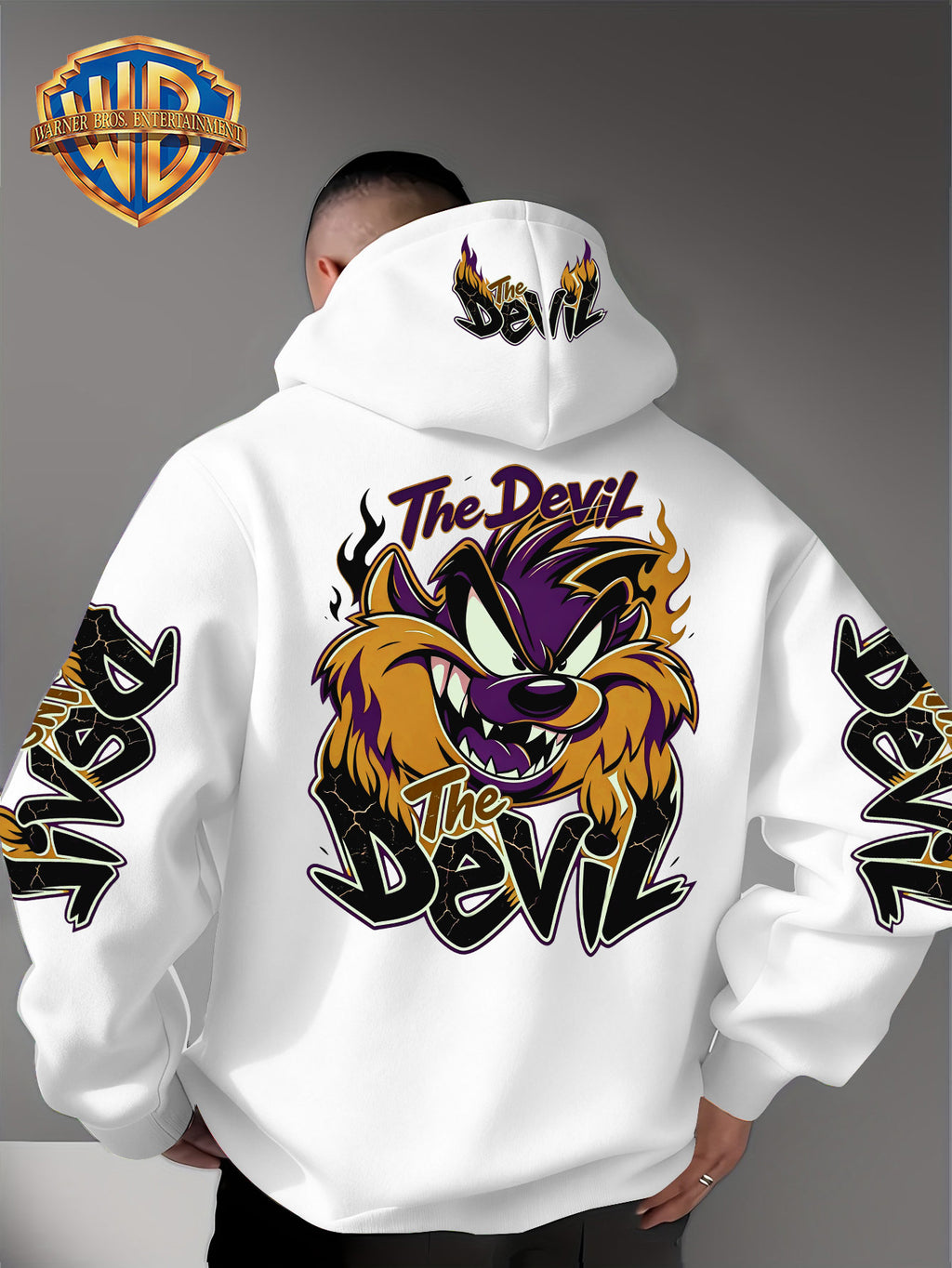 Le Yitong Big Mouth Monster The Devil Flame Print Hooded Sweatshirt, with Sleeve Print Design, Kangaroo Pouch And Drawstring Hood, Suitable for Autumn/Winter Casual Wear And Outdoor Activities - White
