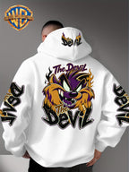 Le Yitong Big Mouth Monster The Devil Flame Print Hooded Sweatshirt, with Sleeve Print Design, Kangaroo Pouch And Drawstring Hood, Suitable for Autumn/Winter Casual Wear And Outdoor Activities - White