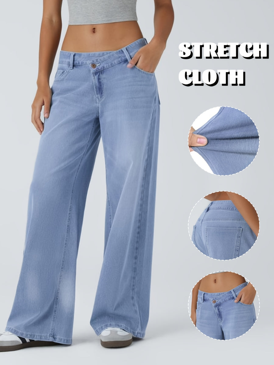 GILIPUR Y2K Women'S Solid Denim Cross Over Low Rise Baggy Wide Leg Jeans, Soft Stretchy Loose Floor Length Denim Pants with Functional Pockets, Casual Streetwear Daily Commute Vacation Outfits for Women Tchic - Blue