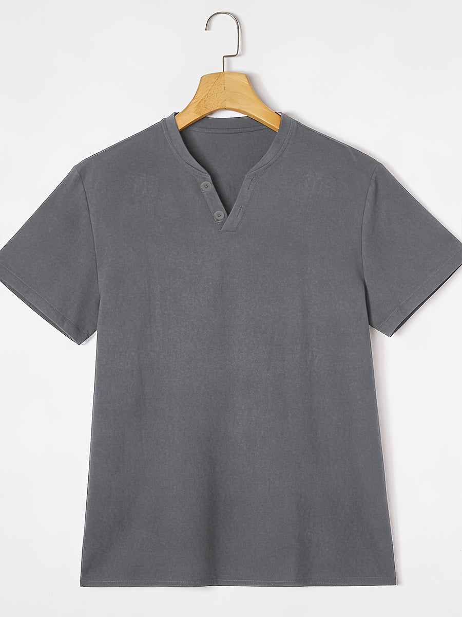 Men's Summer Linen T-Shirts 2pcs, Breathable Soft V-Neck Henley Short Sleeve Shirts, Loose Casual Beach Yoga Tops, Trendy Mens Casual Wear - White+gray