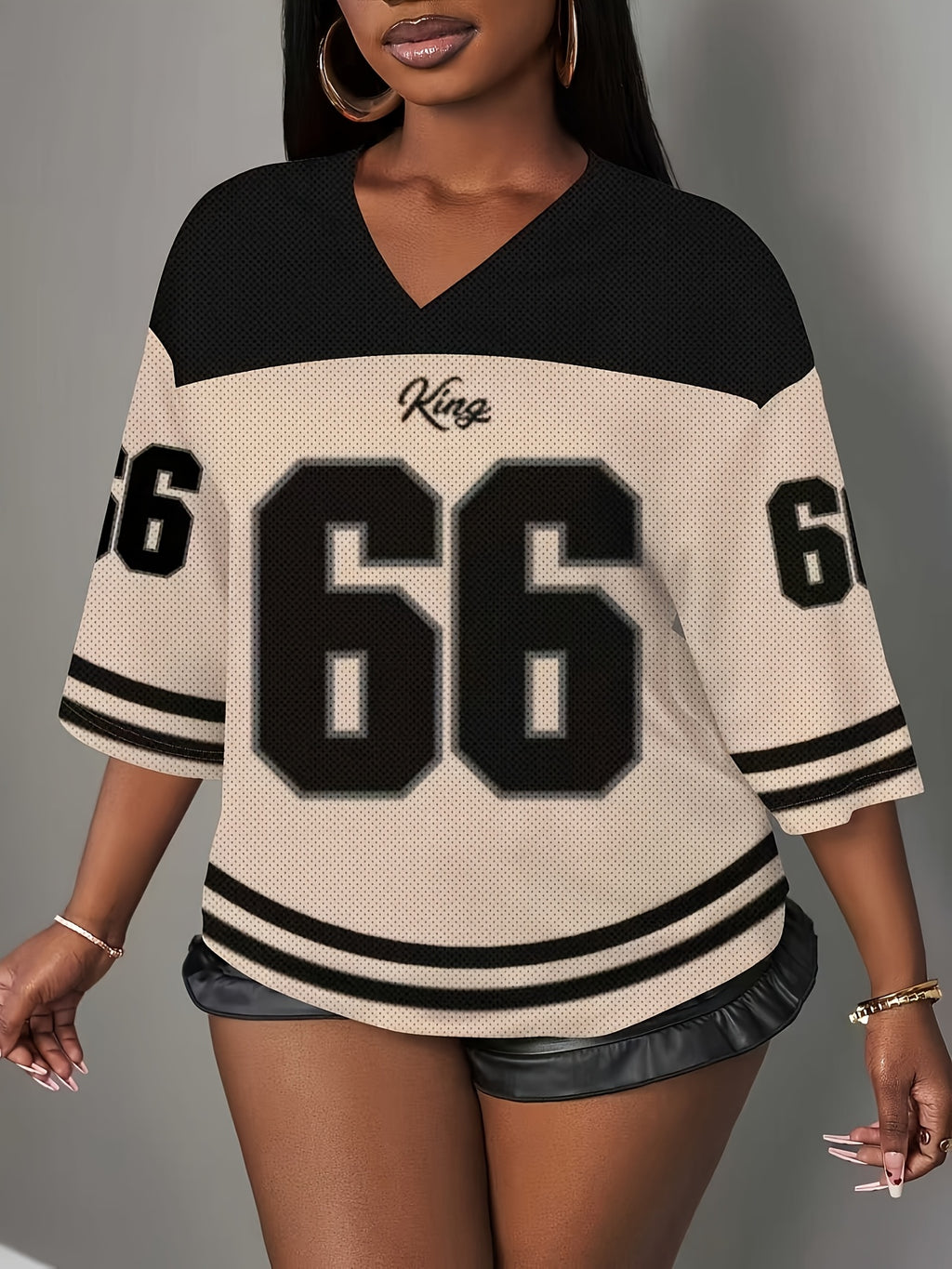 Women'S Casual V-neck Short Sleeve T-shirt | Breathable Mesh Fabric with Color Block and Number 66 Print, Versatile for All Seasons, Ideal for Travel, Parties, and Street Style - Mixed colors
