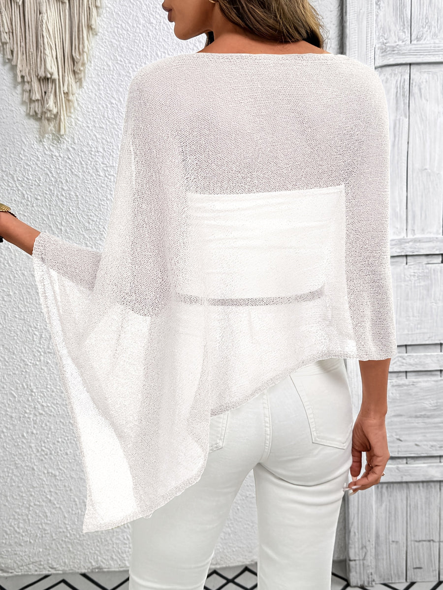 Solid Color Asymmetrical Design Cape-Style Casual Large Round Neck Women's Top - Pure White