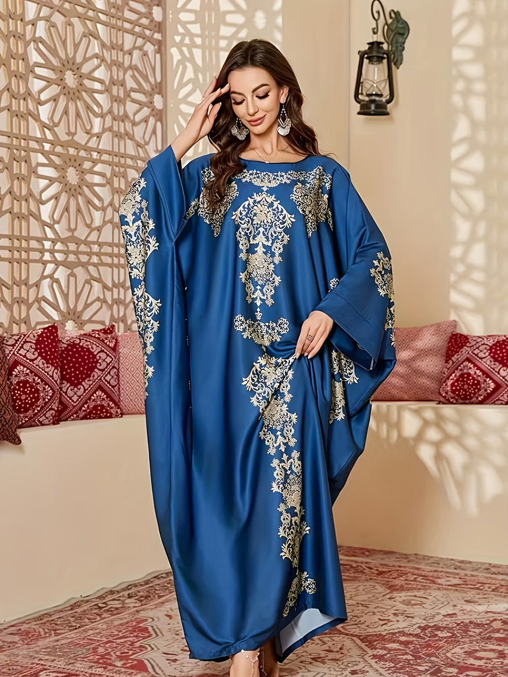 Plus Size, Women's Paisley Print Robe Dress - Long Batwing Sleeves & Maxi Length, Middle Eastern Elegant Gown for Wedding Guest, Party, Cultural Events (Non-Stretch Suitable for Spring/Fall) - Royal Blue