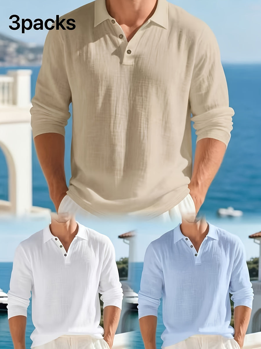 Summer Men'S 3pcs Lightweight Breathable Linen Long Sleeve Polo Shirt Solid Color Versatile Henley Button-Up T-Shirt Casual Vacation Commute Top - Khaki + White + Blue