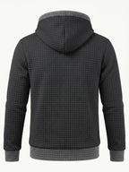 Autumn/Winter Men's Thickened Jacquard Long-Sleeve Open Cardigan Jacket, Hooded Fashionable Checkered Jacquard Textured Fabric, Comfortable Outerwear Suitable for Daily Outings, Outdoor Sports, Travel, and Vacations. Lightweight and Comfortable - Black