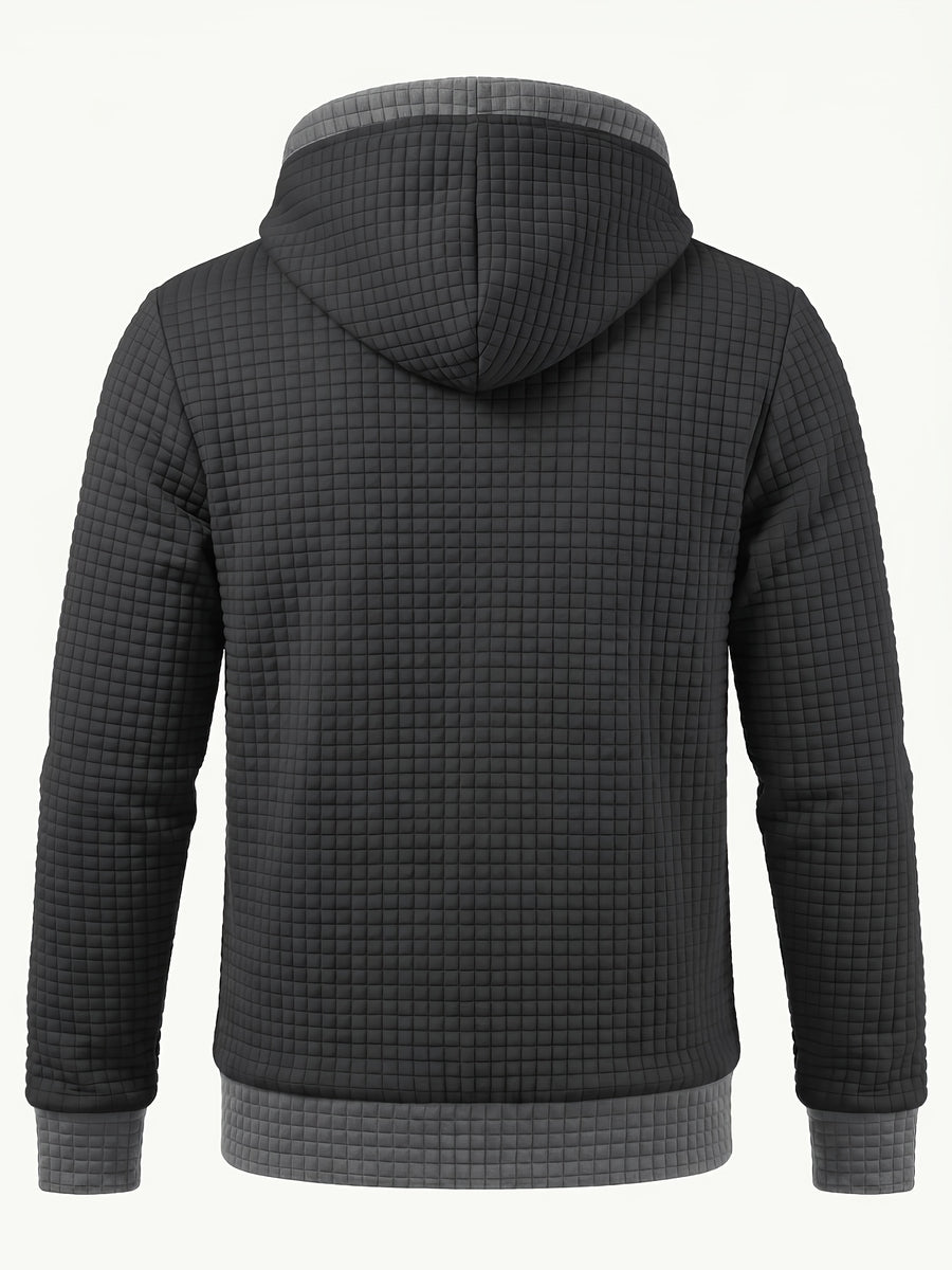 Autumn/Winter Men's Thickened Jacquard Long-Sleeve Open Cardigan Jacket, Hooded Fashionable Checkered Jacquard Textured Fabric, Comfortable Outerwear Suitable for Daily Outings, Outdoor Sports, Travel, and Vacations. Lightweight and Comfortable - Black