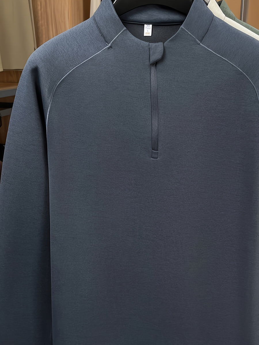 Men's Stand Collar Half-Zip Long Sleeve Base Layer, Raglan Sleeve Cut, Minimalist Business Casual Functional Style Warm Top - SINBOS - Dark Gray