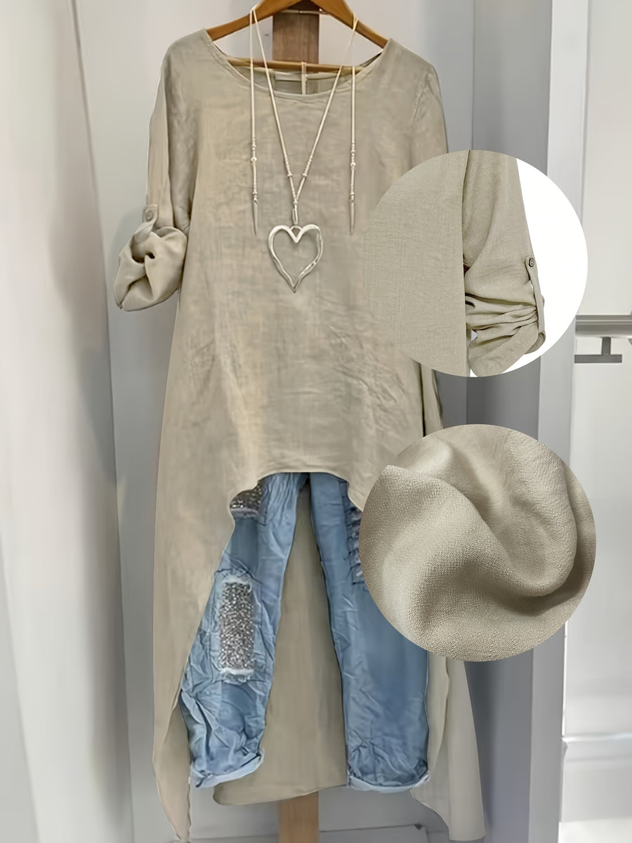 Women' Elegant Asymmetric Oversized Shirt - Loose Fit Long Sleeve Round Neck Blouse with Short Front & Extended Back Length, Layering Piece Suitable for Spring/Fall, Casual to Dressy Wear (No Stretch) - Khaki