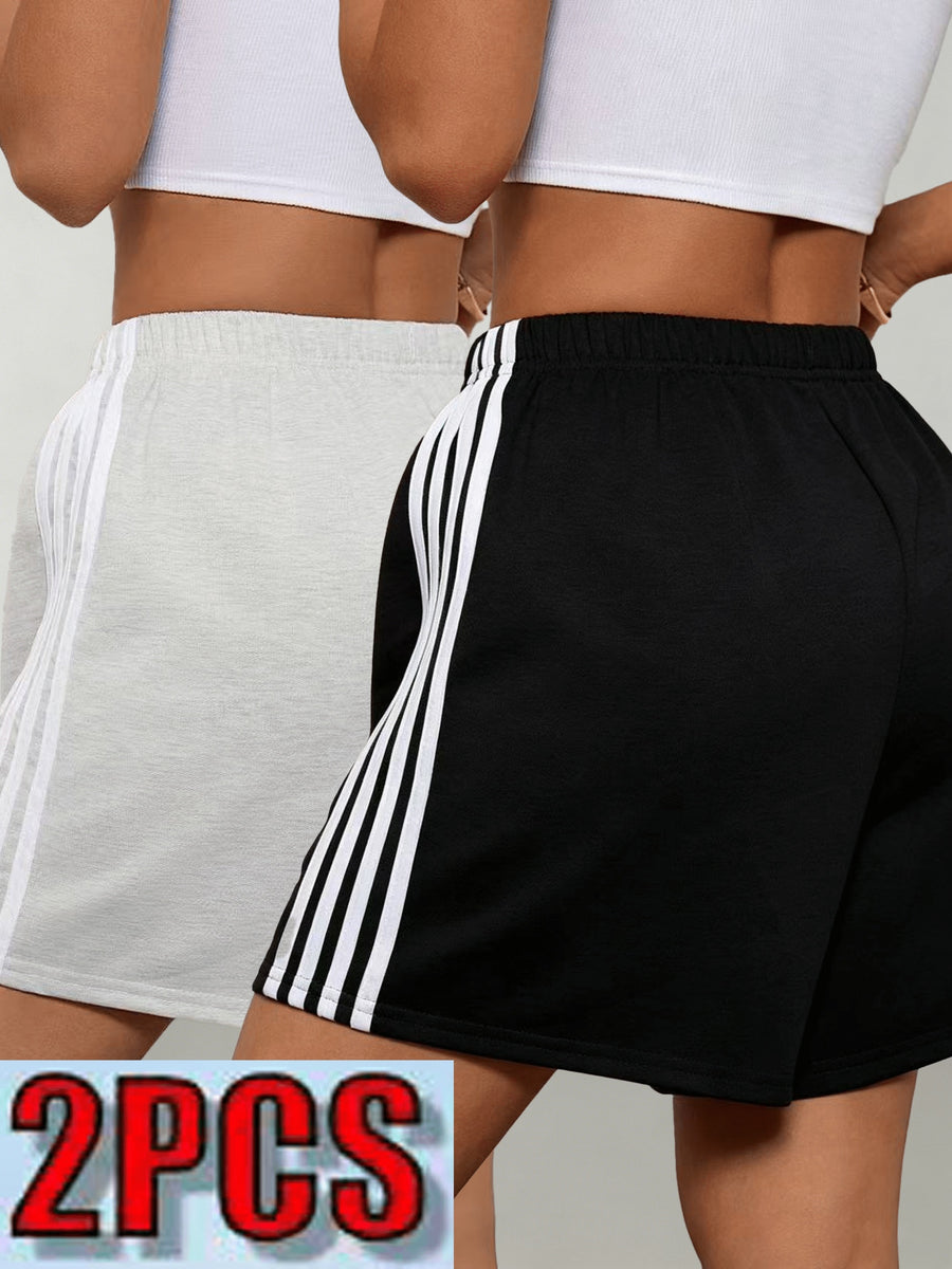 2pcs Women's 2pcs Shorts Suitable for Leisure, Outdoor & Home Wear - Elastic Stretch Waist Loose Fit Short with Side Stripe Design, Elastic Waistband, Non-Stretch Solid Color Shorts for Spring Summer Fall, Machine Washable American Casual - Apricot + Black