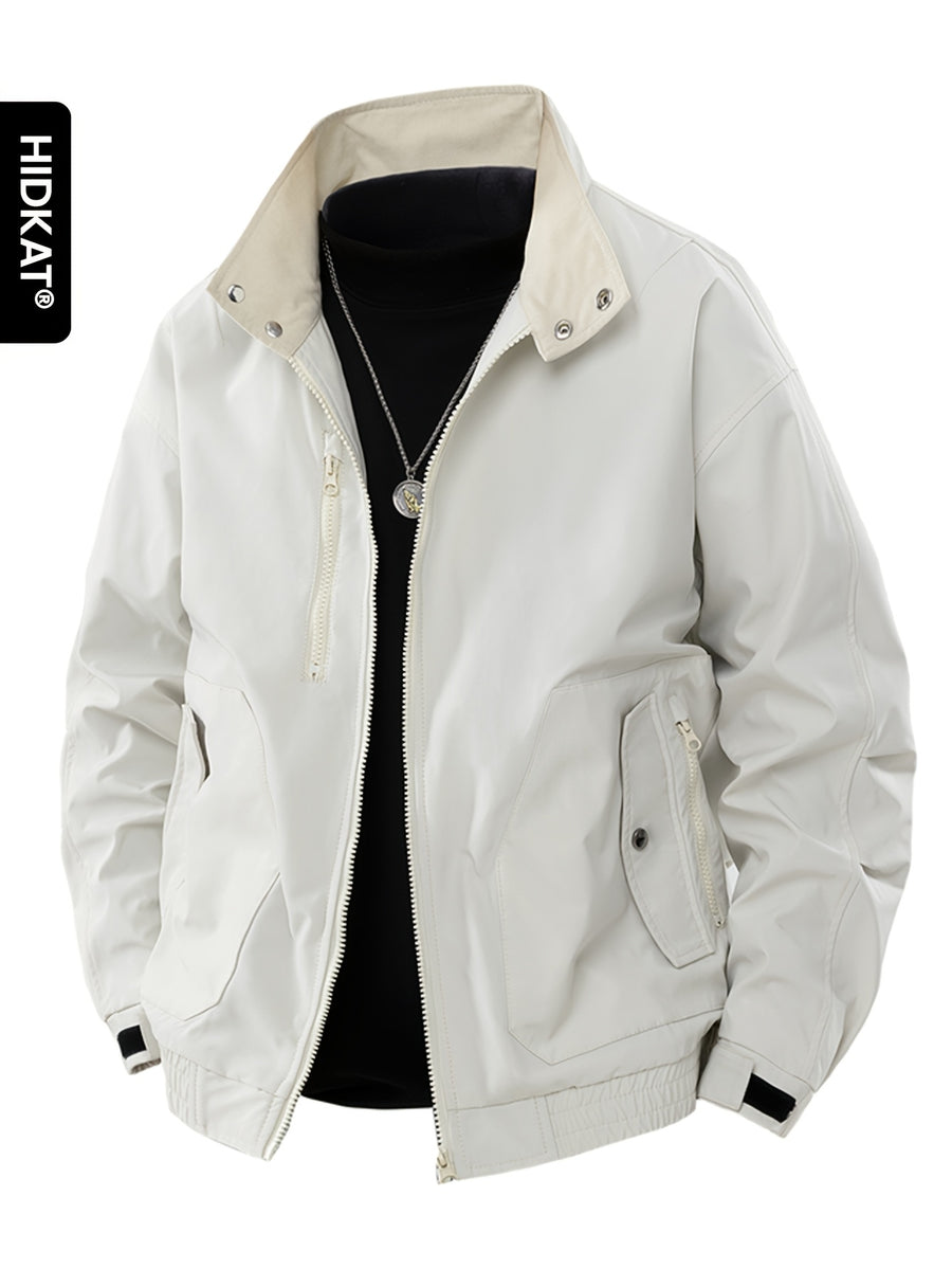 HIDKAT Men's Bomber Jacket with Contrast Collar & Zipper Pockets - Windproof Relaxed Fit Bomber Jacket Suitable for Streetwear, Aviation-Themed Outerwear, Machine Washable Zipper Closure Jacket with Stand Collar (No Transparency) - White
