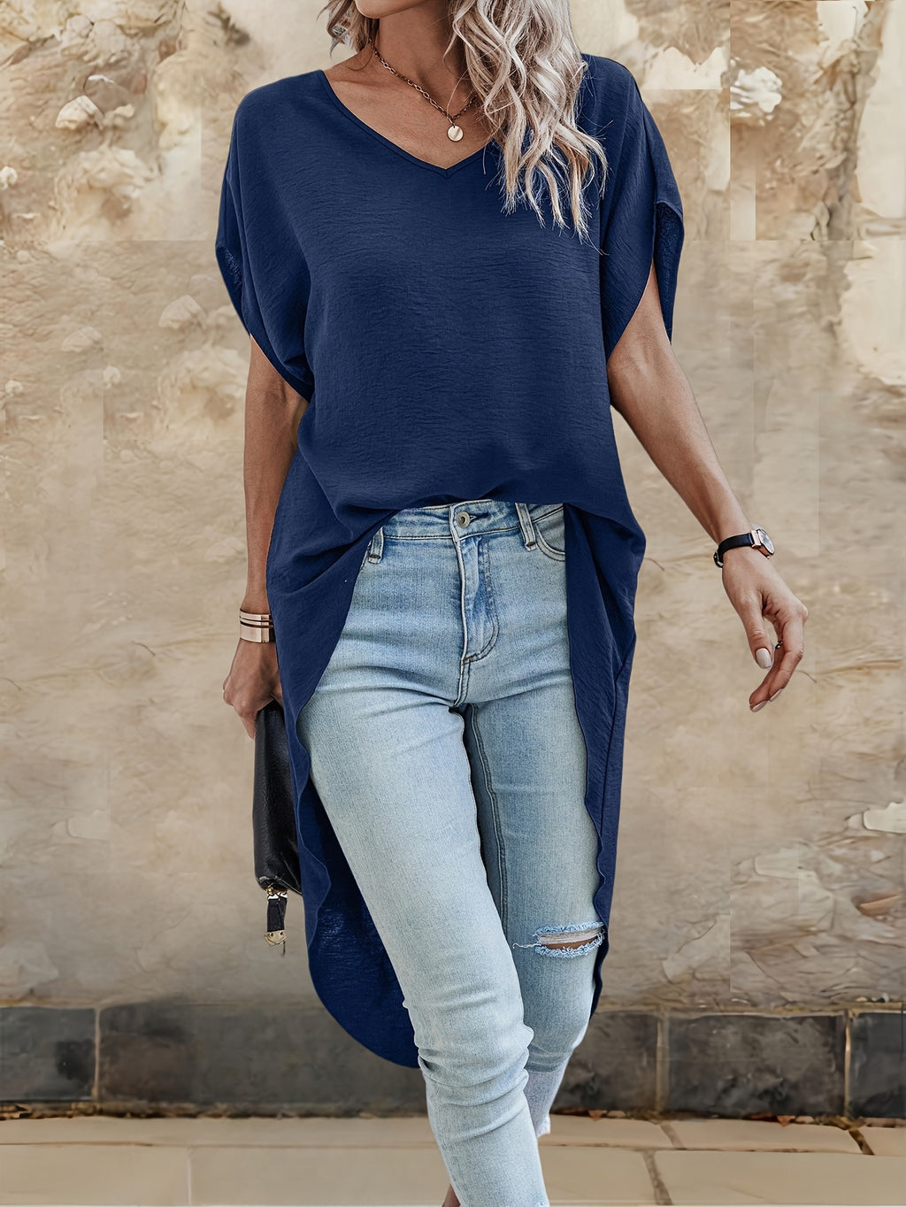 V-Neck Asymmetrical Long Top, Batwing Short Sleeve Loose Curved Hem Front Short Back Long Shirt, Textured Pleated Fabric, Casual Commute Leisure, Beach Vacation Blouse - Navy Color