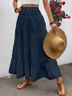 Women's elastic high-waisted ruffle A-line long skirt with drawstring design in Bohemian style. - Navy Color