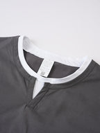 American-style Minimalist Color-Block White-Trimmed Henley Shirt for Men, Versatile Commuting Breathable Thin Short-Sleeve Base Layer Top, Summer Color-Block V-Neck Solid Color T-Shirt, Casual Short Sleeve - Grey
