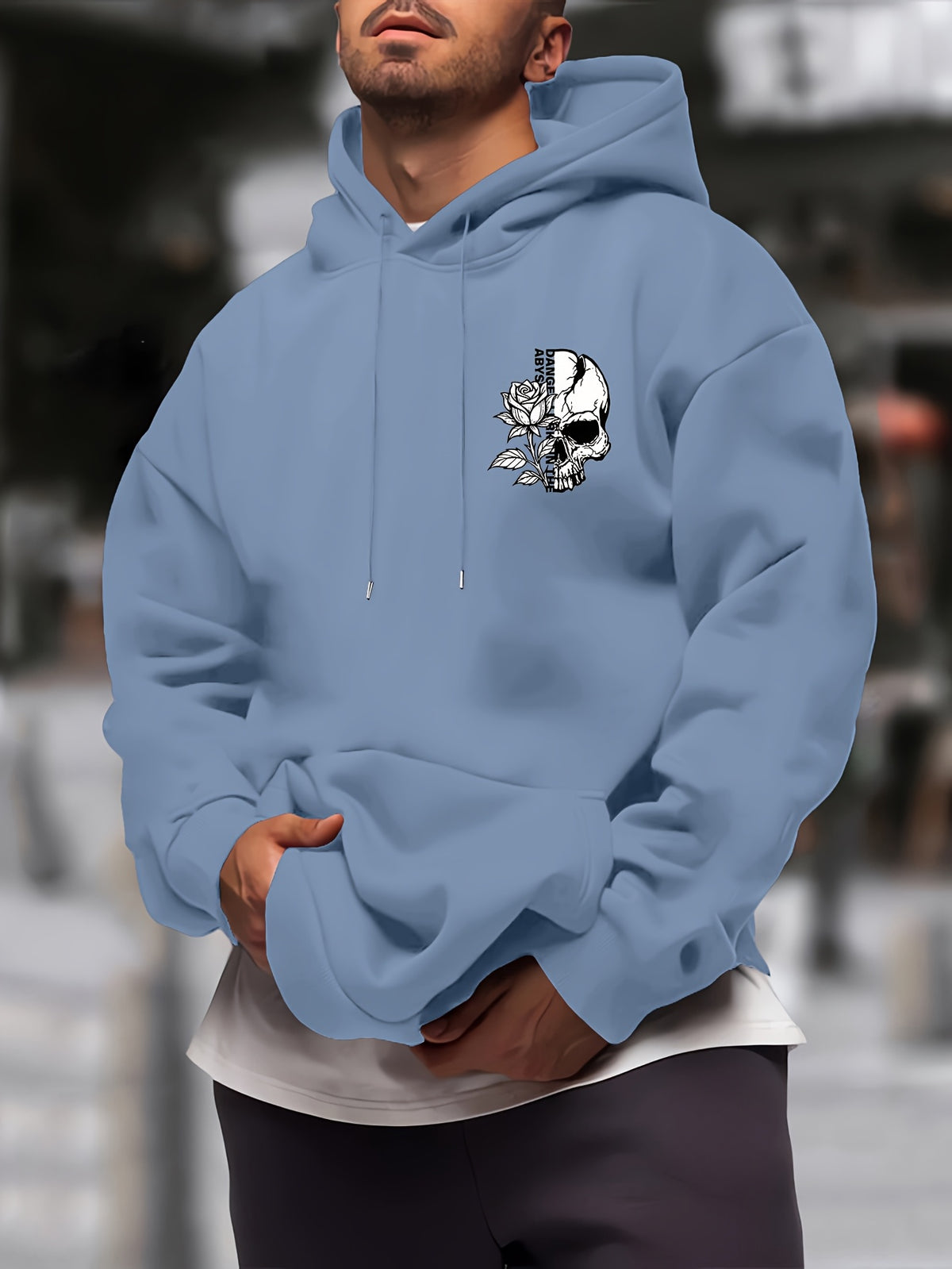 New Trendy Men'S Autumn And Winter Hooded Sweatshirt, Casual Everyday Drawstring Hoodie with Creative Design Print, Kangaroo Pouch Front Pocket, Unisex Tops - Light Blue
