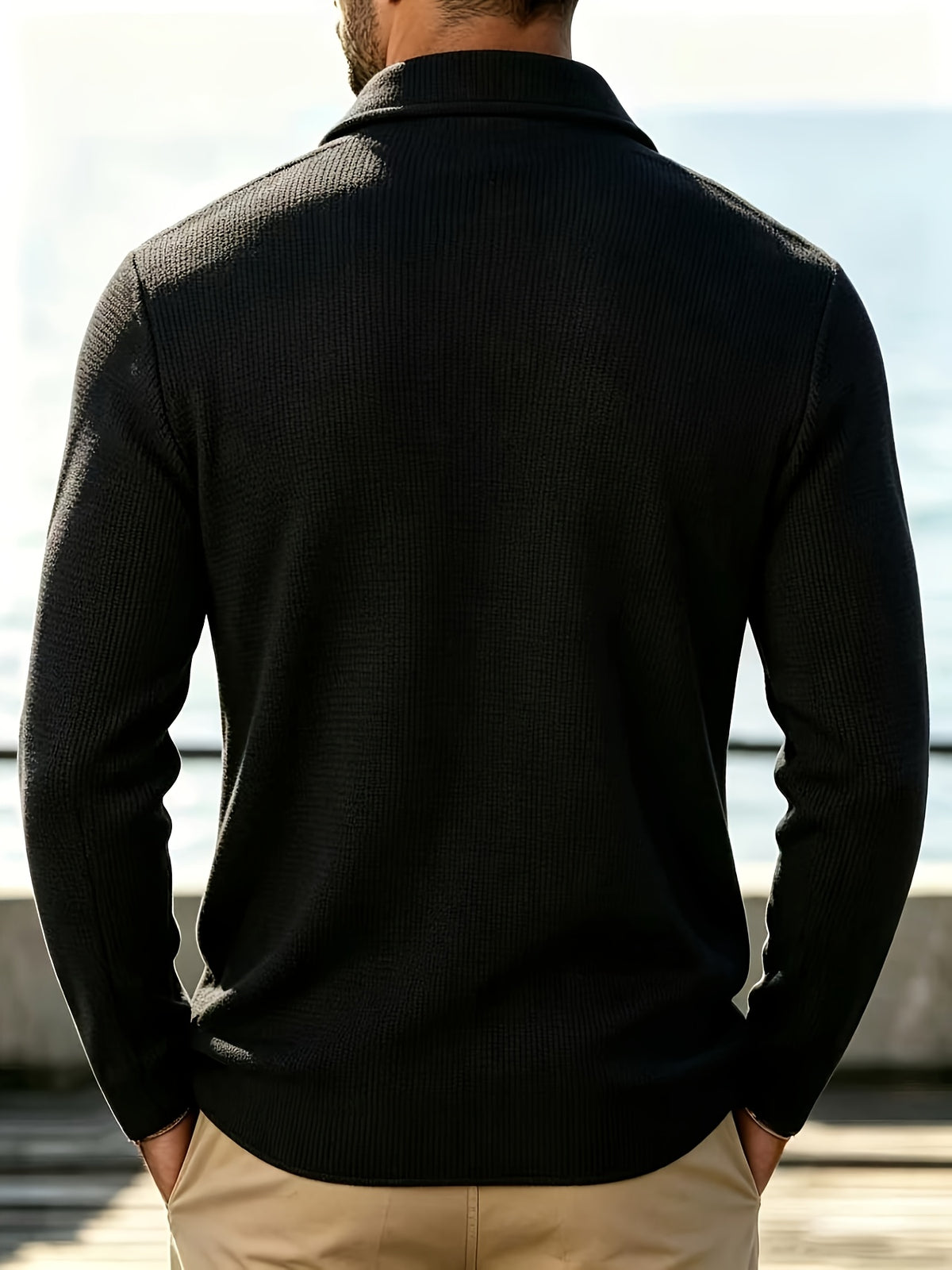 Men's New Spring, Autumn, and Winter Waffle Knit Heavyweight Single-Breasted Open Front Cardigan with Lapel Collar and Double Pockets, a Versatile Long-sleeve Business Casual Jacket. Soft, Comfortable, and Stylish Solid-color Knit Outerwear - Black Color+Blue