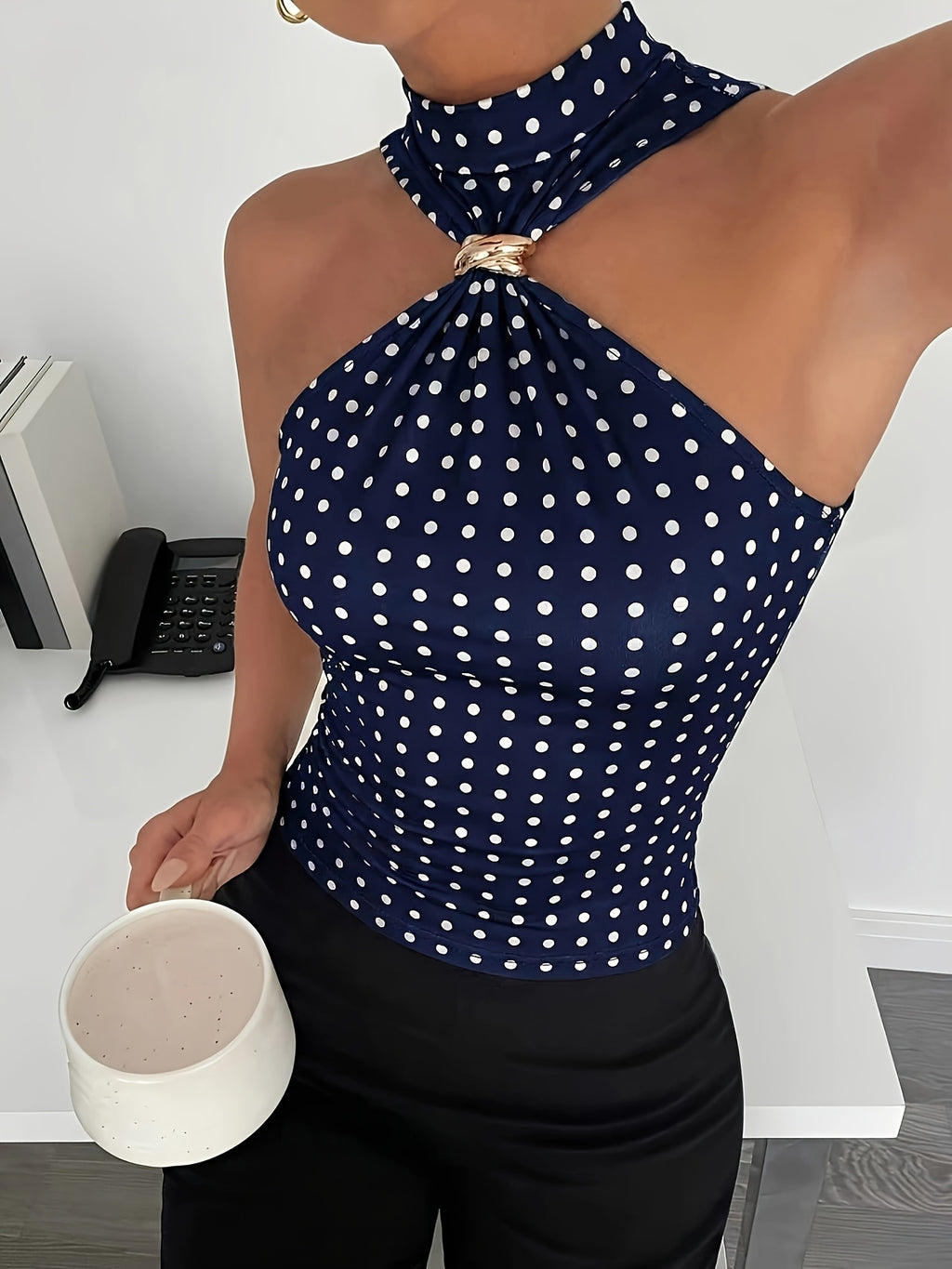 Spring/Summer Women's Halter Neck Slim Fit Off-Shoulder Elegant Metal Buckle Sleeveless Top, Halter Neck Fashion Vest Top - Royal blue dots