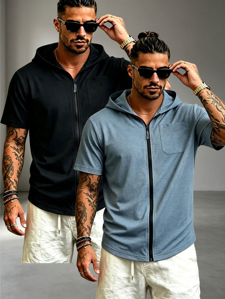 2pcs Men's Casual Sports Zipper Hooded Short-sleeved T-shirt Jacket Suitable for Sports Fitness, Beach Vacation - Black Color+Blue