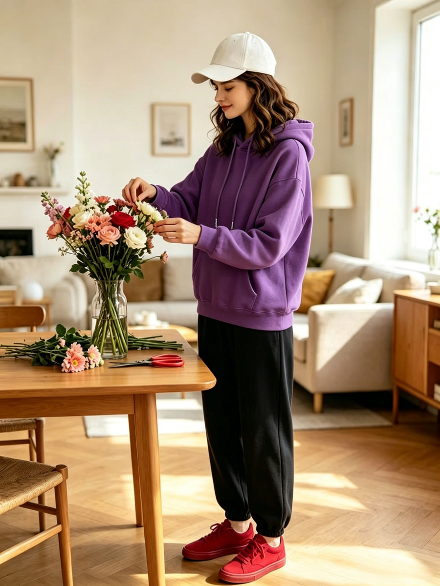 Lazy Style Loose Sweatshirt and Sweatpants Set, Long Sleeve Hooded Top and Jogger Pants, Daily Running Sportswear - Purple hoodie + black sweatpants