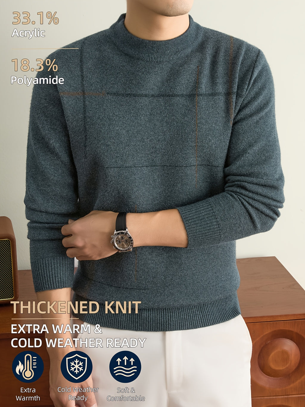 Men's Fall Winter Knit Pullover Sweater with Classic Stripes. Thick, Warm and Comfortable in a Timeless Old-money Style. Perfect for Commuting, Casual Wear, Sports, Hiking, Camping and Fishing. A Great Gift for Fathers and Husbands. - Bean Green