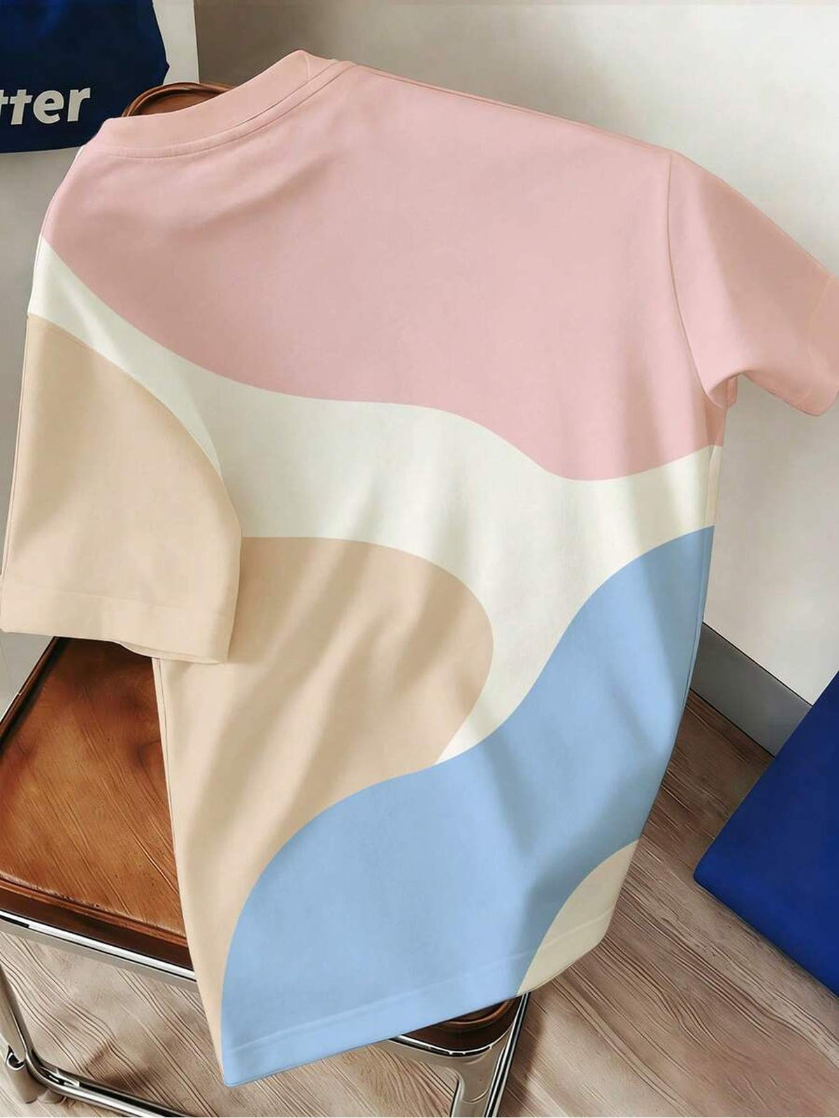 Ins-style Simple and Versatile Round-neck Short-sleeve Top with Green and White Wavy Color-block Contrast and Letter Print Design. A Fashionable, Thin, and Breathable T-shirt That Is Machine Washable. Suitable for Daily Commutes, Outdoor Sports - Mix color 5