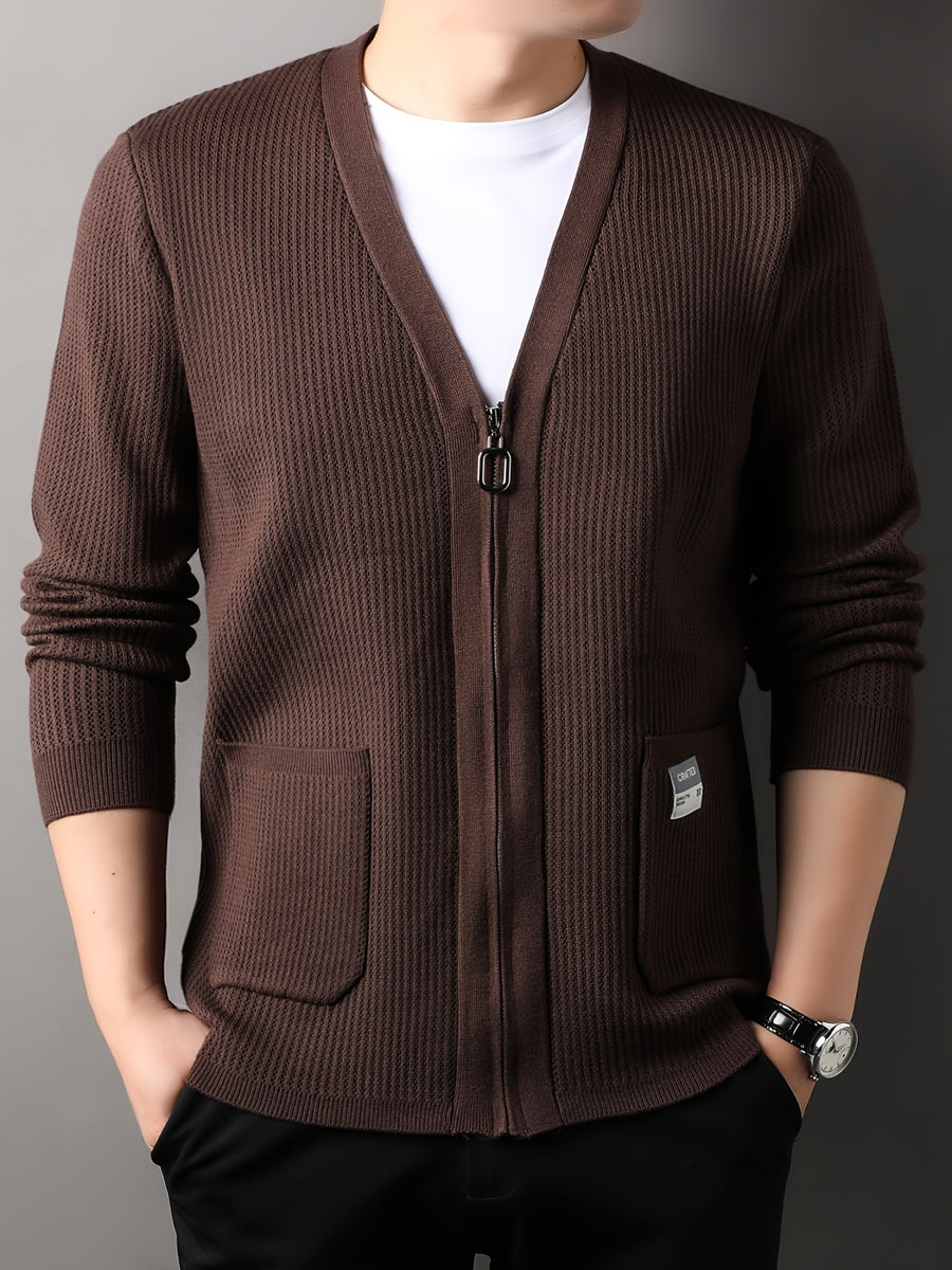 Men's Old Money Style Knit Cardigan Sweater Jacket - Solid Color V-Neck Zipper Front with Side Pocket, Open Front Zipper Suitable for Business Casual, Layering for Golf, Outdoor, Vacations, Spring/Autumn Wear, Versatile for Daily Outfits - Coffee Brown