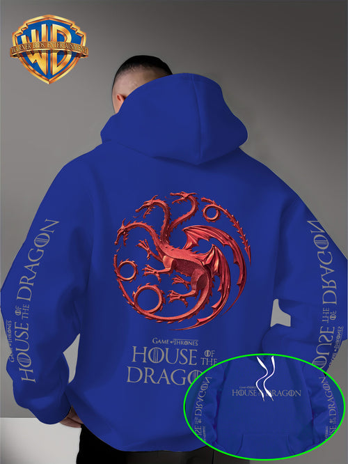 "Targalyn Family Three-Headed Dragon Crest" Print Pattern, Autumn/Winter Fashion Men'S Sweatshirt, Kangaroo Pouch And Drawstring Hood Design, Suitable for Daily Commute, Casual Outings, And Festive Gatherings - Blue