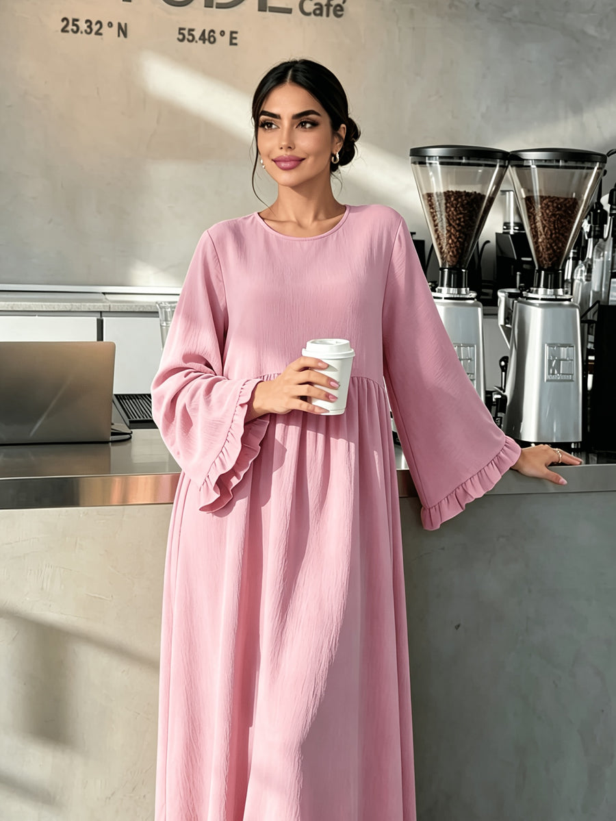 Round Neck Long Dress with Ruffled Flared Wide Sleeves, Soft Lightweight Breathable Fabric Loose Swing Style Dress for Women Daily Home And Outdoor Casual Matching - Pink Color