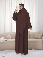 A Set (+Abaya) Fashionable And Elegant Muslim Dress, Elegant Cuff Drawstring, Comfortable And Casual Solid Color, Suitable for Outdoor Travel And Daily Wear. Loose Women'S Abaya Dress - Coffee Color