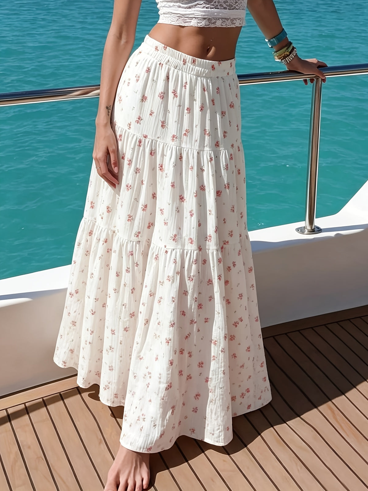 Women's Bohemian Floral Print Maxi Dress with Ruffle Hem & - Loose Fit Midi to Maxi Length Dress Suitable for Vacation, Weddings, Casual Outfits, Spring Summer Dress - Red And White