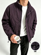 Men's Spring/Autumn American-Style Nylon Solid Color Stand Collar Jacket, Breathable Lightweight Windproof Functional Workwear Outerwear, Loose Fit Streetwear Casual Windbreaker - Deep Purple