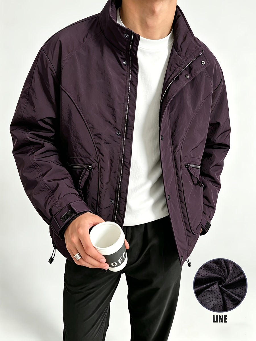 Men's Spring/Autumn American-Style Nylon Solid Color Stand Collar Jacket, Breathable Lightweight Windproof Functional Workwear Outerwear, Loose Fit Streetwear Casual Windbreaker - Deep Purple