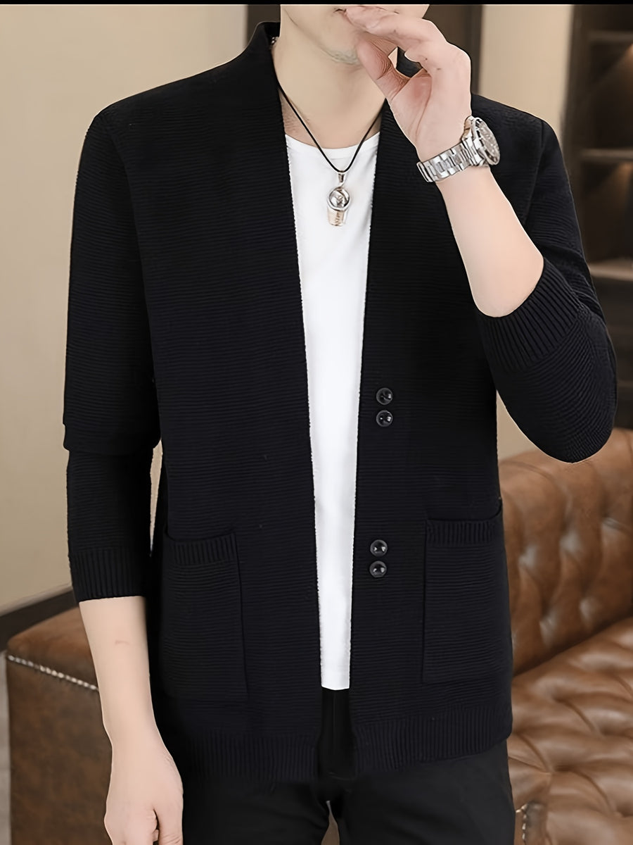 [Dulinglan OBM] Spring/Autumn New Men'S Knit Cardigan, Old Money Style Solid Striped Open Collar V-Neck Knit Cardigan Men'S Business Casual Fashion Open Collar Knit Sweater Top, Suitable for Spring, Autumn, Layering Or Outerwear - Black
