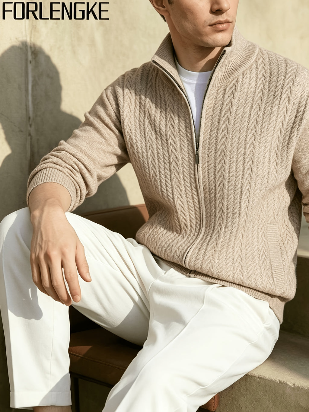 FORLENGKE Men'S Half-Turtleneck Zip-Up Knit Cardigan with Vintage Cable Knit Texture, Solid Color Sweater Jacket, New Autumn/Winter Trendy Long-Sleeve Top, Soft And Skin-Friendly Knit Fabric, Perfect for Everyday Outings, Shopping, And Casual Wear - Apricot
