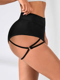 Outdoor Running Shorts | Women's High-Waist Cycling Shorts with Eyelet Buckle | Stretch Fitness Shorts | Summer Slim-Fit Base Layer Shorts - Black