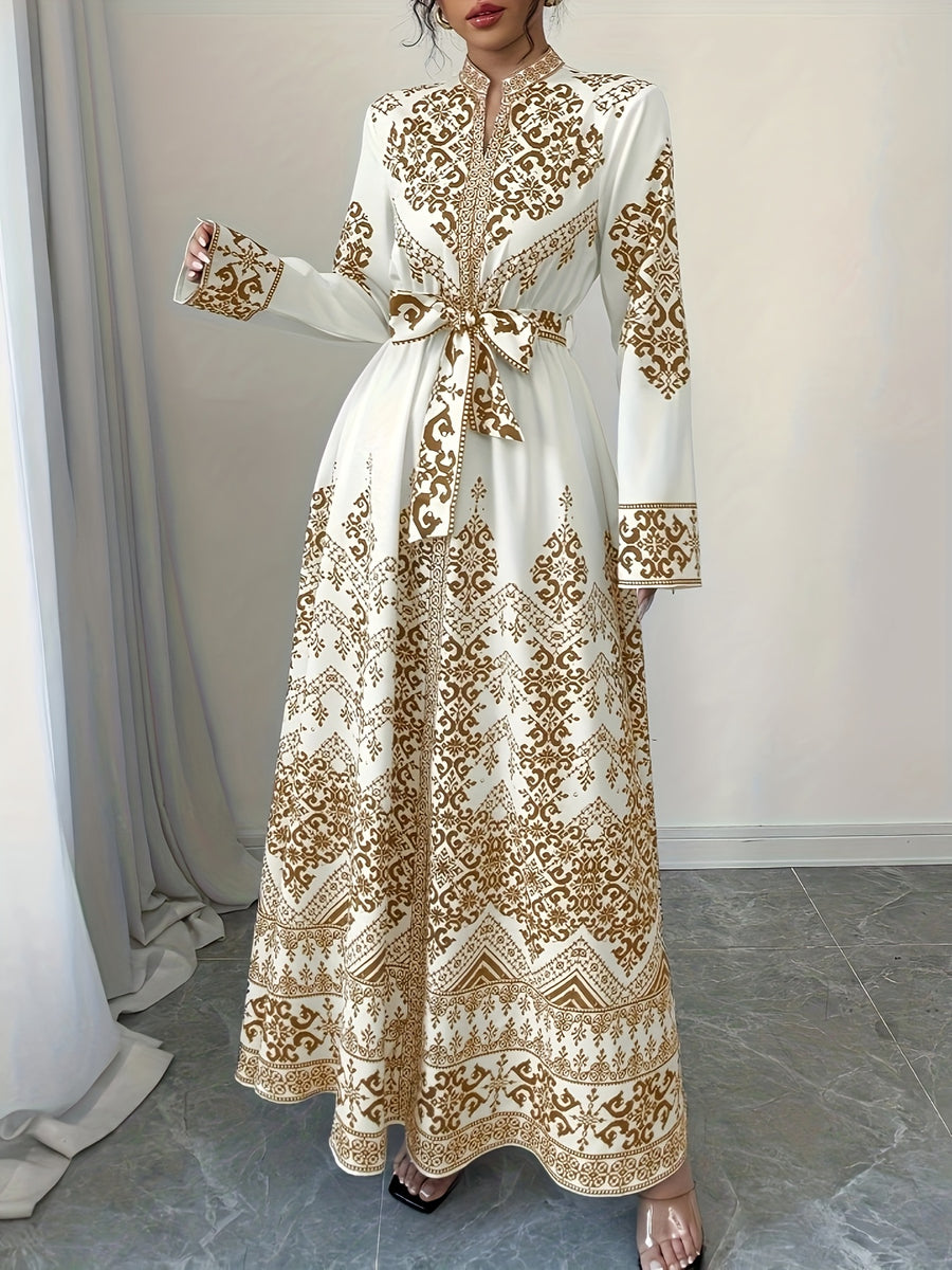 Retro Ethnic Style Long-Sleeve Printed Dress with Ties, Featuring an Elegant Long Design - Khaki