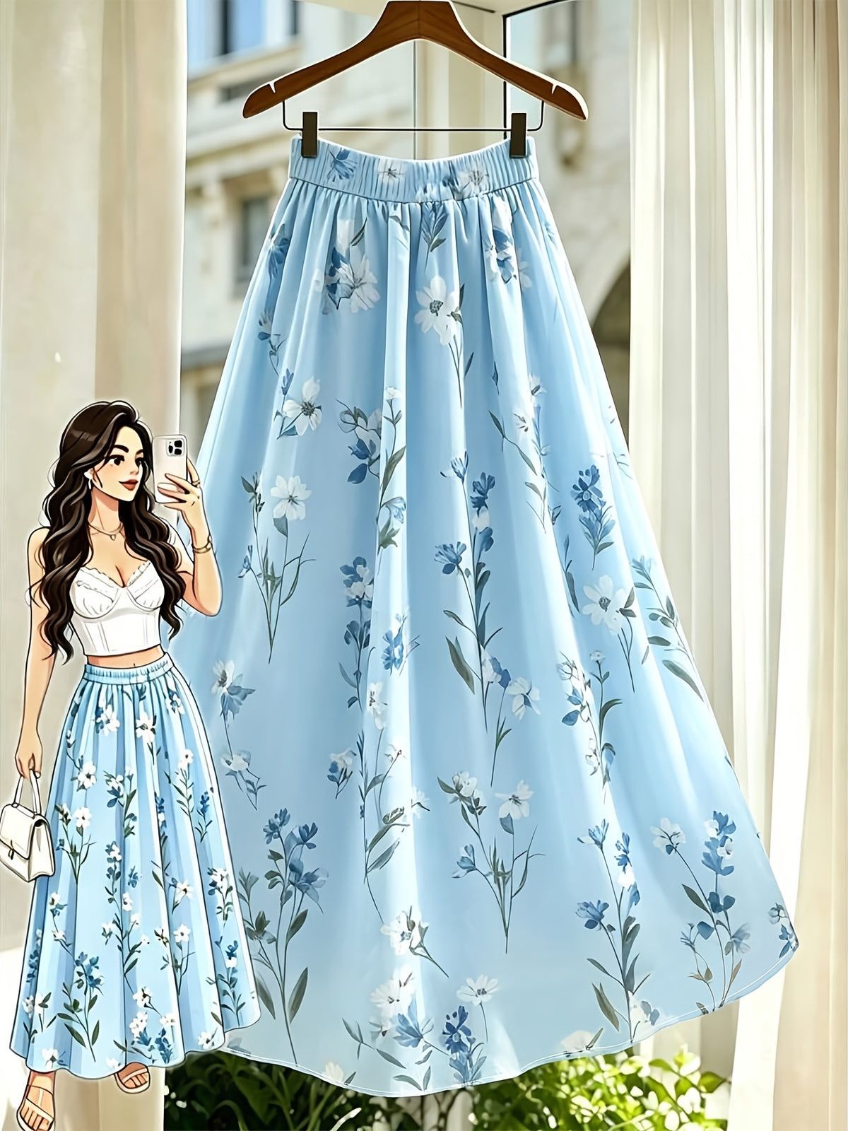 Women' Bohemian Floral Maxi Dress - High-Waisted Pleated Skirt Dress with Elastic Waistband, Beach Wedding Guest Dress Suitable for Parties, Vacations, Spring Summer Fall Outfits, Machine Washable Elegant Girly Style - Mixed colors