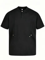 Men's Casual Deconstructed Studded Fashion Short Sleeve Loose Fit Henley Collar Snap Button Design T-Shirt, Available in Stock for Summer - Black