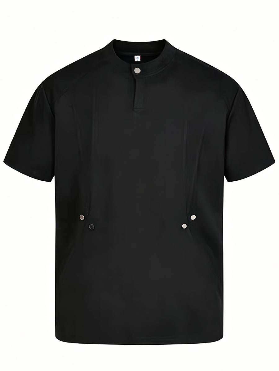Men's Casual Deconstructed Studded Fashion Short Sleeve Loose Fit Henley Collar Snap Button Design T-Shirt, Available in Stock for Summer - Black