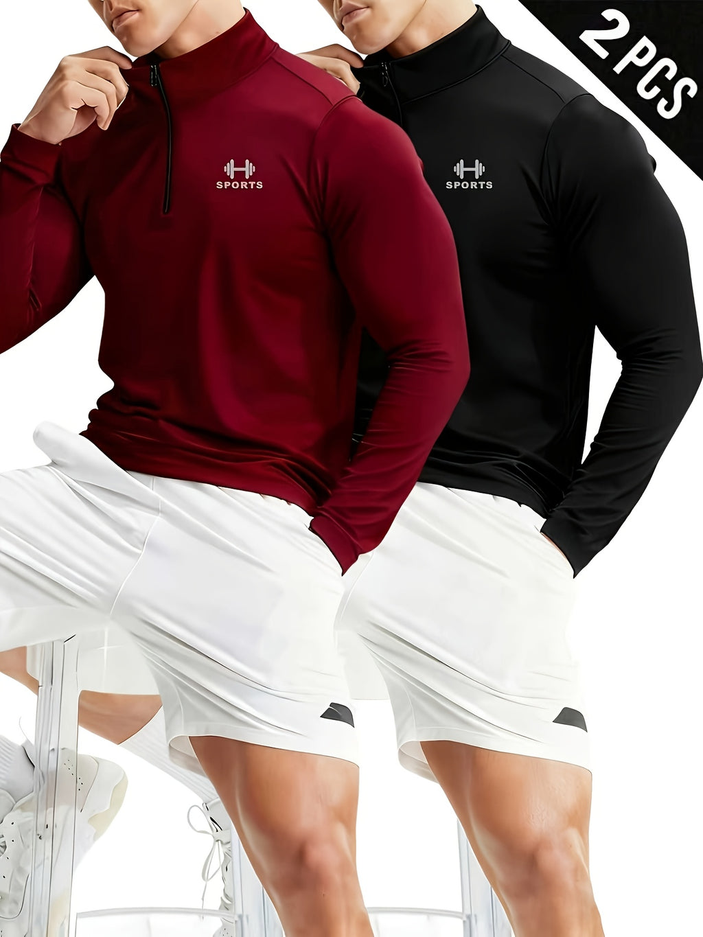 2pcs Set Men'S Casual Athletic Long Sleeve, Casual Athletic Top, Men'S Slim Fit Athletic Polo Shirt, Men'S Stand-Up Collar Polo Shirt, Fashionable And Versatile, Slim Fit, Half-Zipper Stand-Up Collar Design Detail, Suitable for Jogging, Cycling - Black+Burgundy