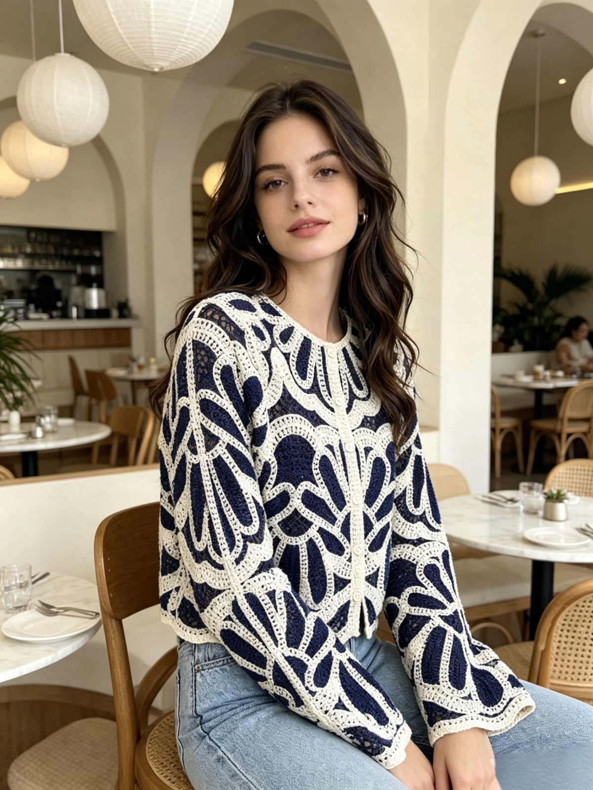 Mori Style Fresh Contrast Hollow Crochet Short Top, Thin Breathable Round Neck Long Sleeve Sunscreen Sweater - Navy Color
