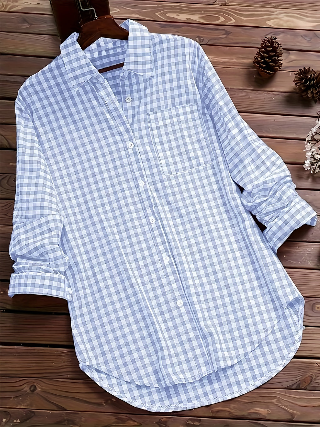 Women'S Spring Summer Casual Retro Commuter Long Sleeve Plaid Shirt - Light Blue