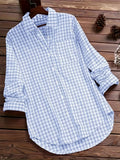 Women'S Spring Summer Casual Retro Commuter Long Sleeve Plaid Shirt - Light Blue