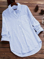 Women'S Spring Summer Casual Retro Commuter Long Sleeve Plaid Shirt - Light Blue