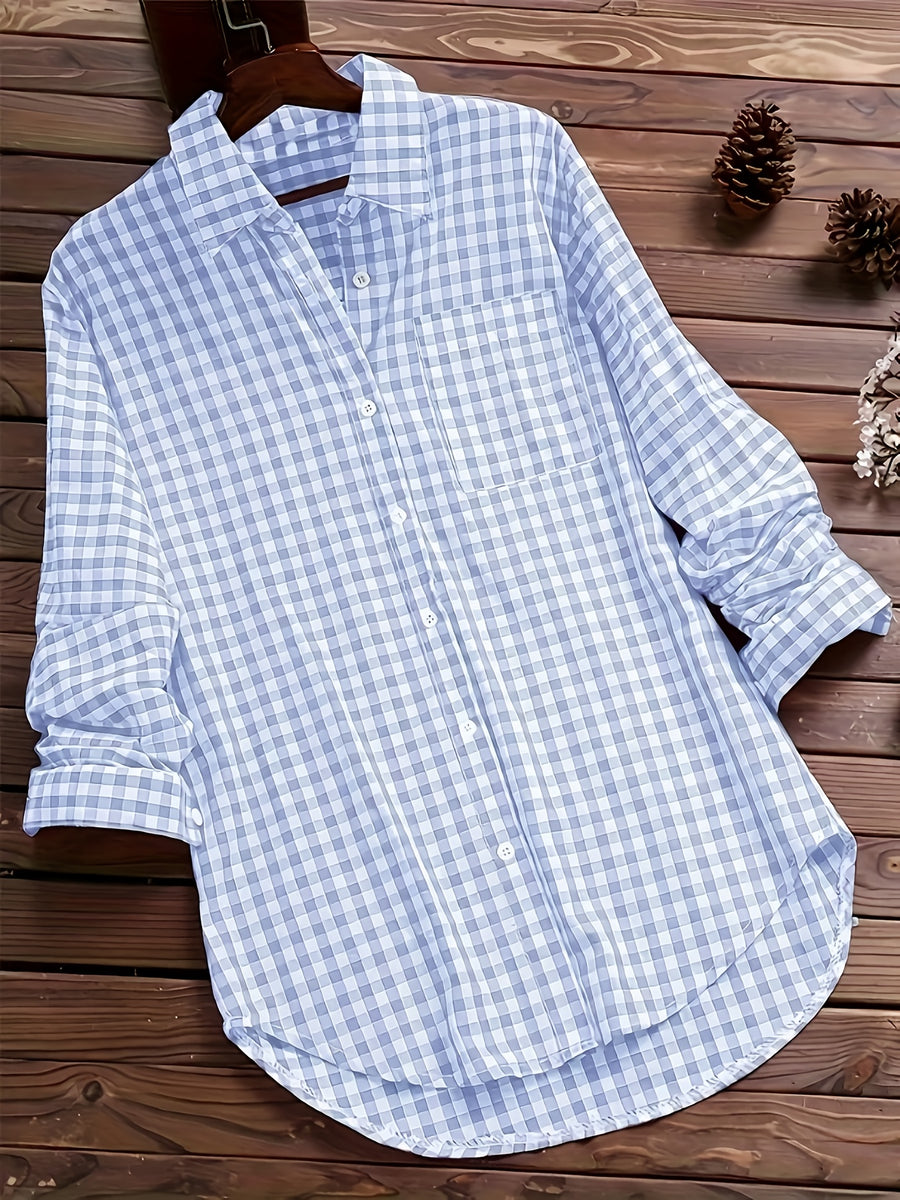 Women'S Spring Summer Casual Retro Commuter Long Sleeve Plaid Shirt - Light Blue