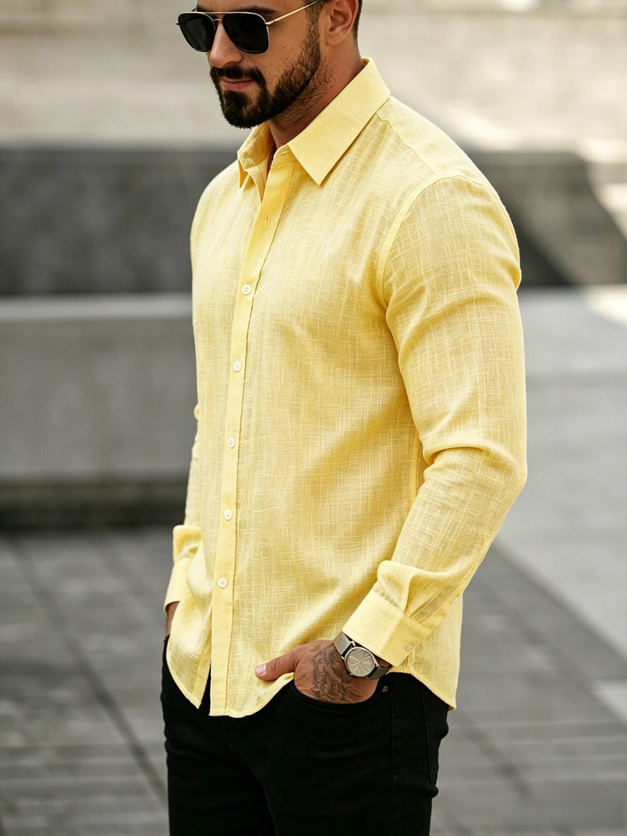 Men'S Summer Tencel Texture Lapel Long Sleeve Shirt, Casual Breathable Loose Vacation Style Button-Up. Tencel Texture with Delicate Pleated Feel, Breathable And Skin-Friendly, Non-Stuffy Fit, Classic Lapel Design, Convertible Sleeve Length - Lemon Yellow