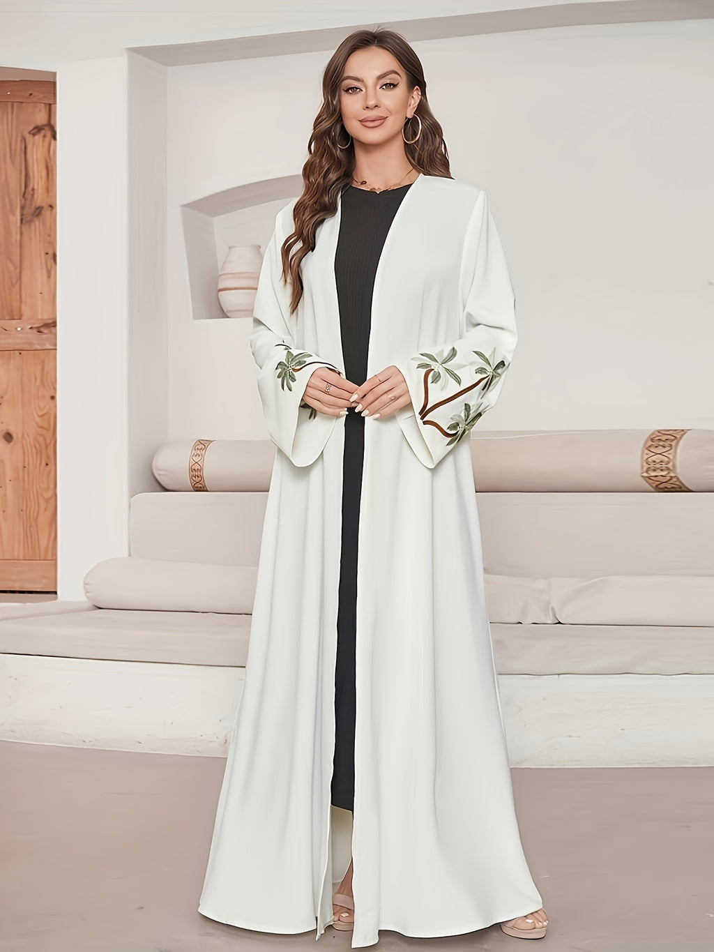 New Stylish And Elegant Embroidered Long Robe Dress for Middle Eastern Muslims During Ramadan 2024. - White