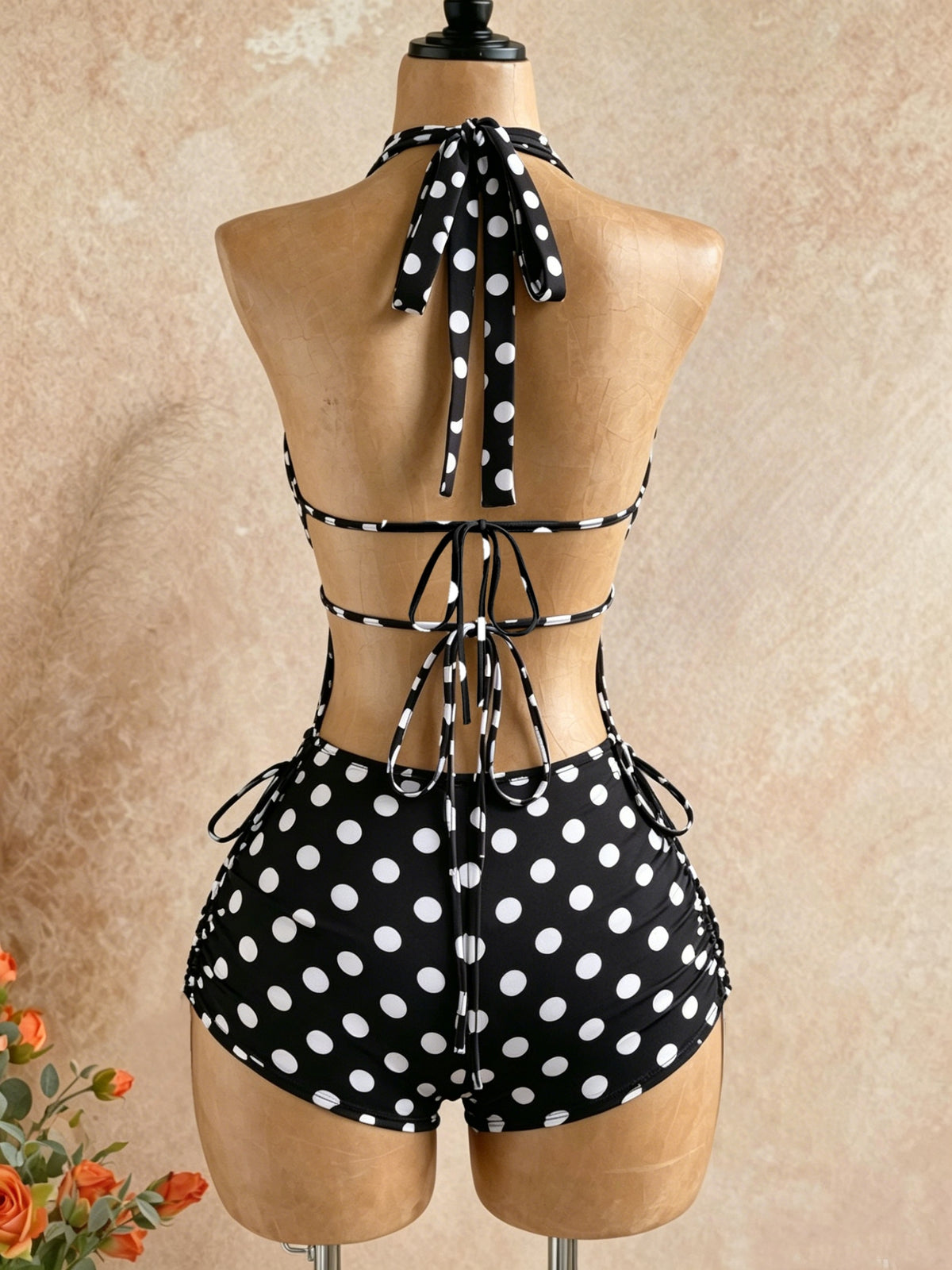 Bad Style Black And White Classic Polka Dot Halter Jumpsuit, Beach Vacation Style Hollow Out Drawstring - Mixed colors